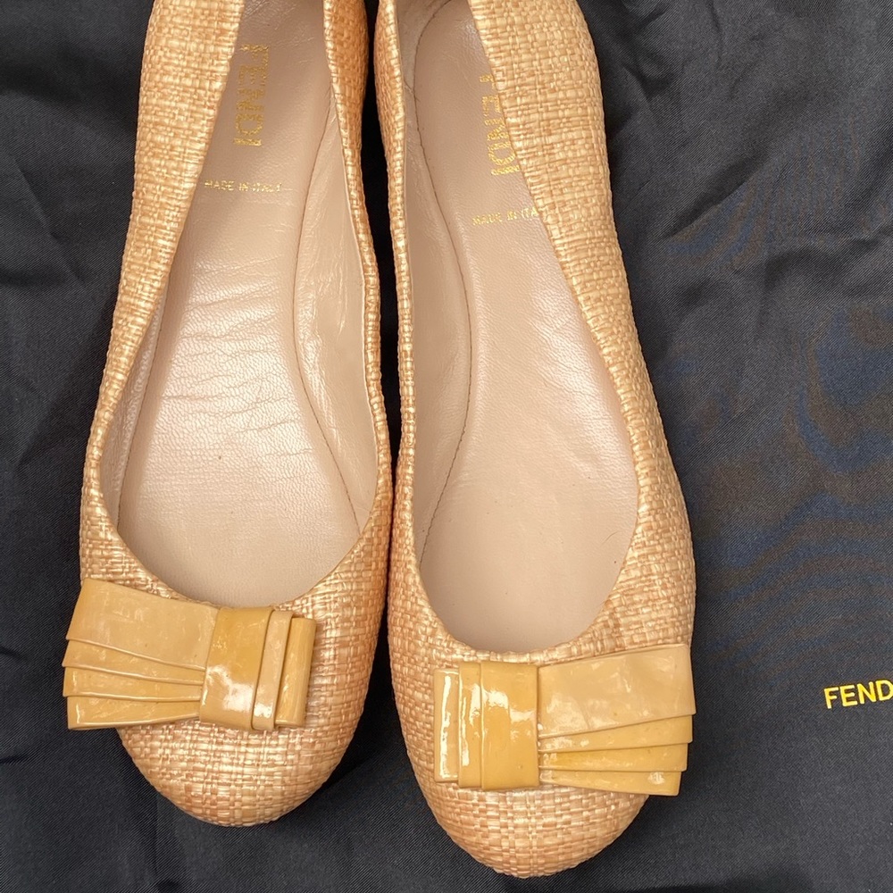 Fendi Yellow Tweed & Patent Leather Bow Ballet Flats - Picture 9 of 16